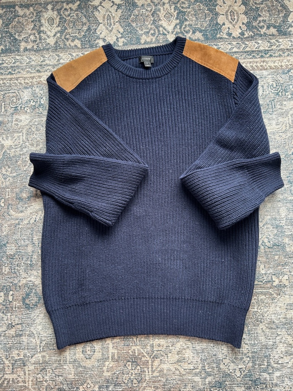 J. Crew Navy Crewneck Sweater with Tan Shoulder Patches